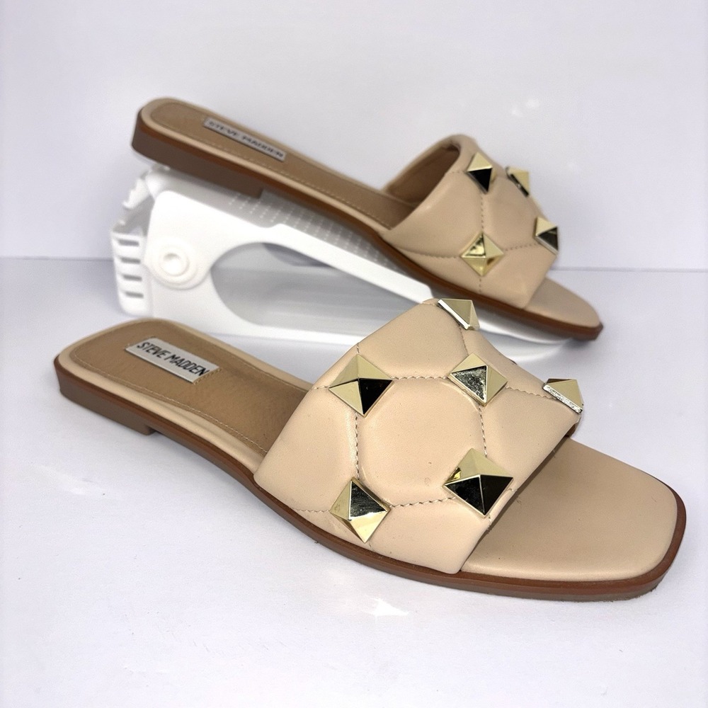 Steve Madden Huro Slide Sandals Gold Studs Nude Tan Beige Slip On Women’s 9M